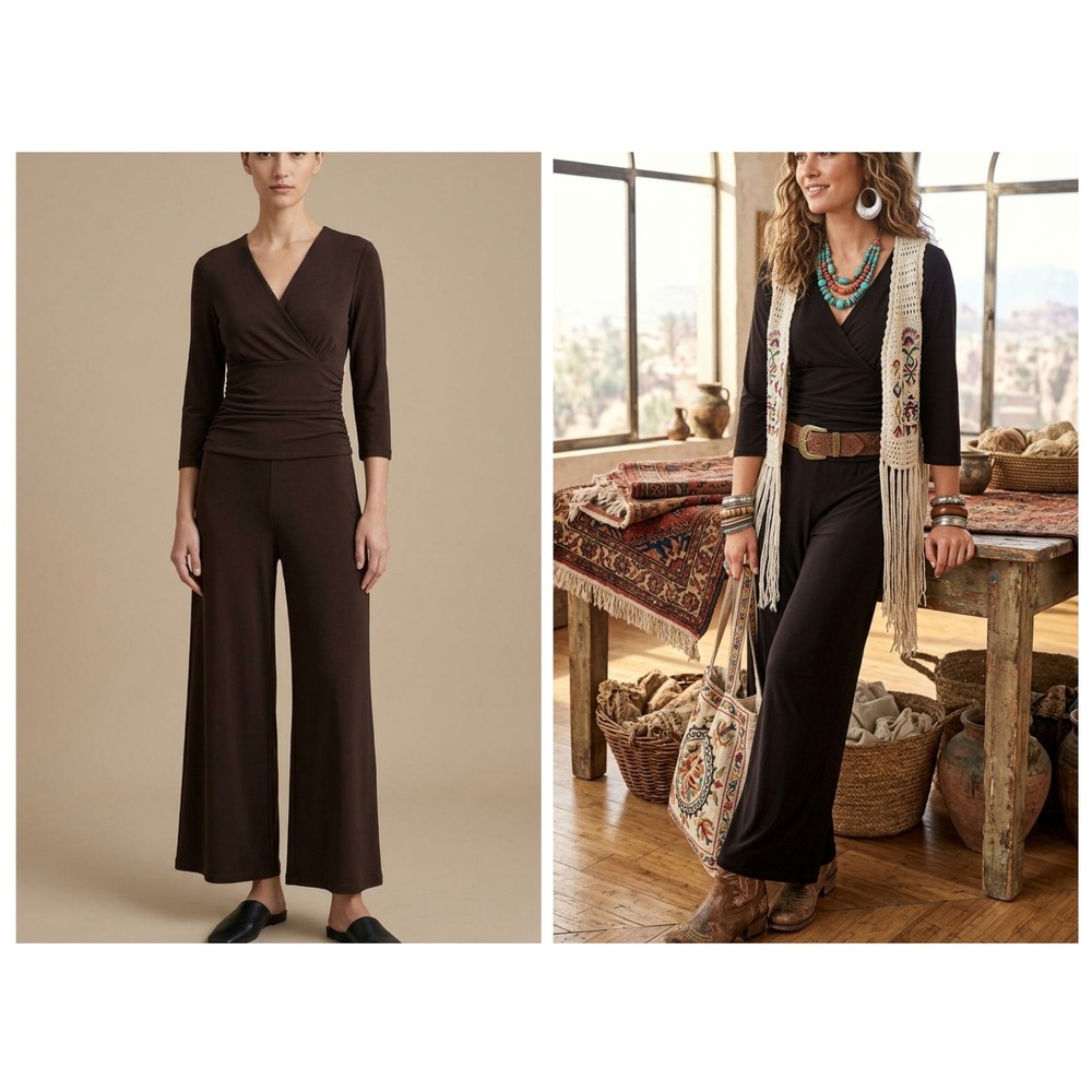 Citiknits Jumpsuit Women Large Brown NEW Slinky Knit Wide Leg Ruched V-Neck